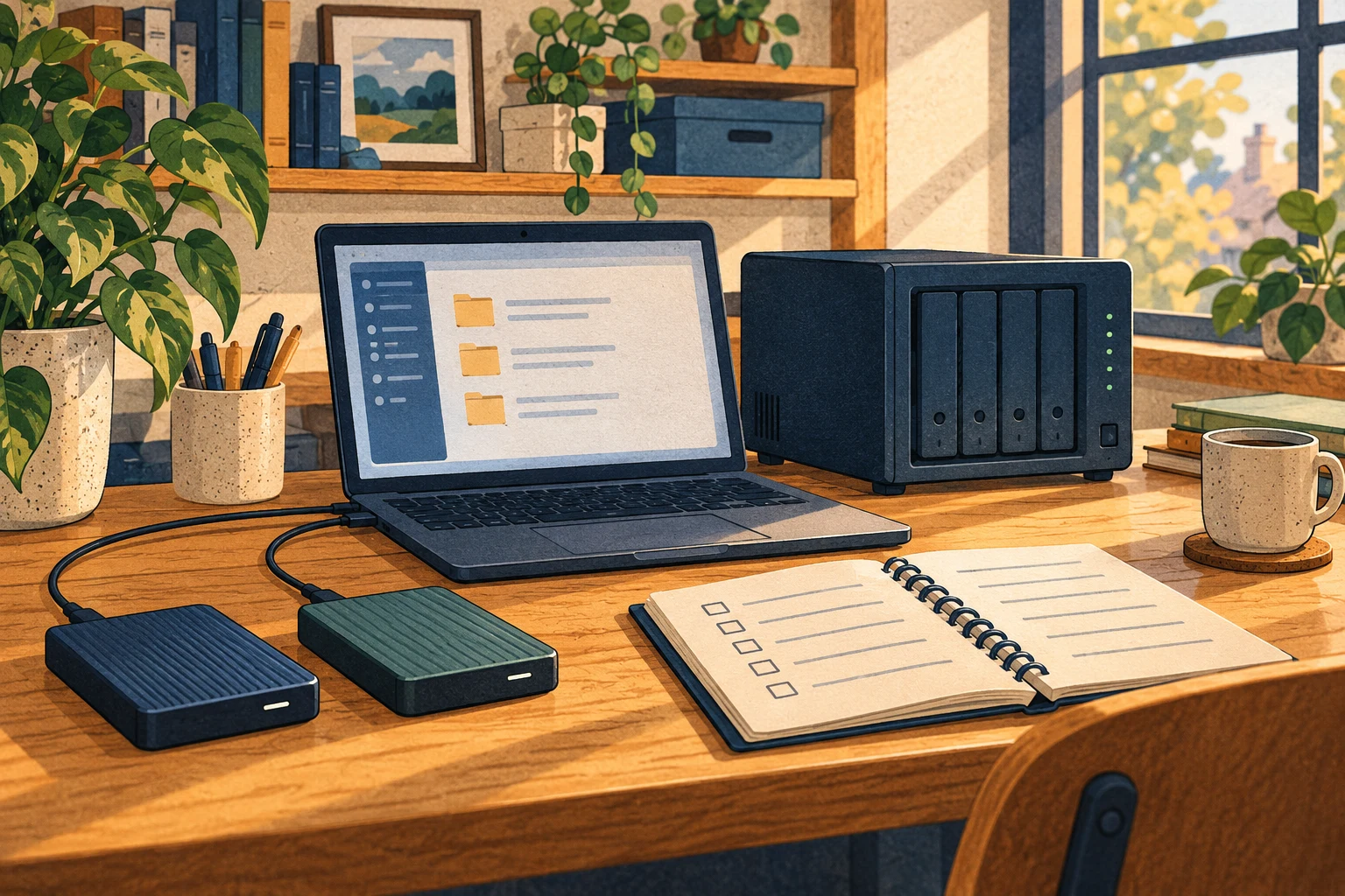 Illustration of business backup drives, a laptop, network storage and a recovery checklist