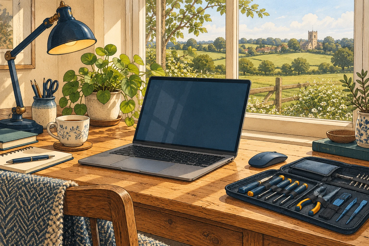 Illustration of a laptop and repair tools on a welcoming home desk overlooking countryside